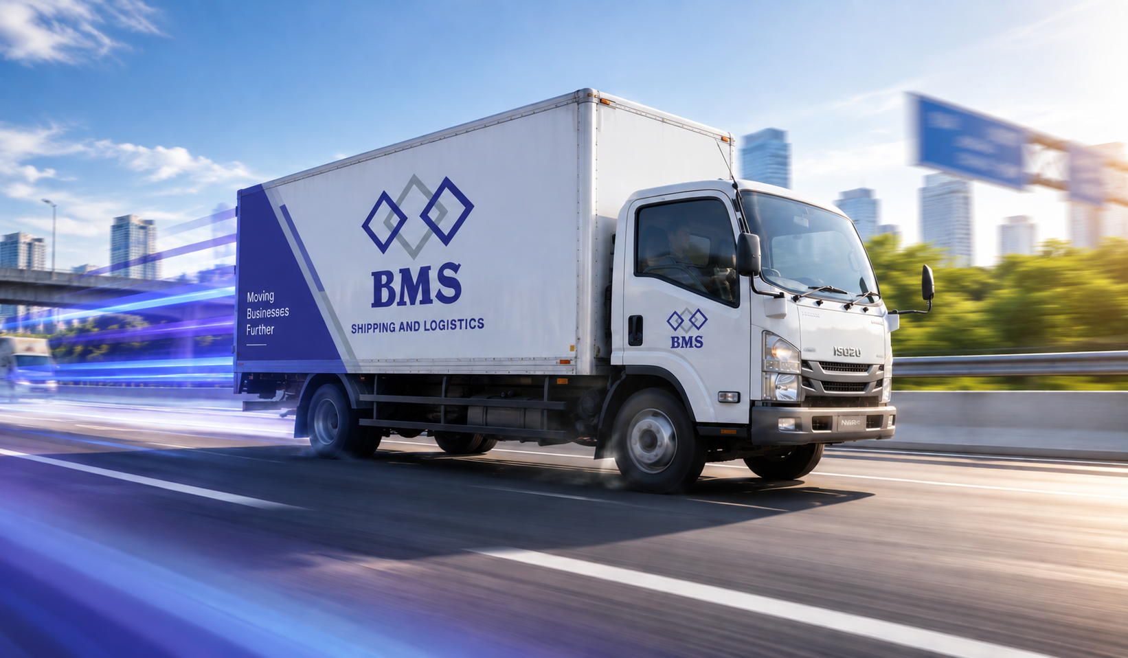 BMS logistics truck on a highway with blue-purple motion trails