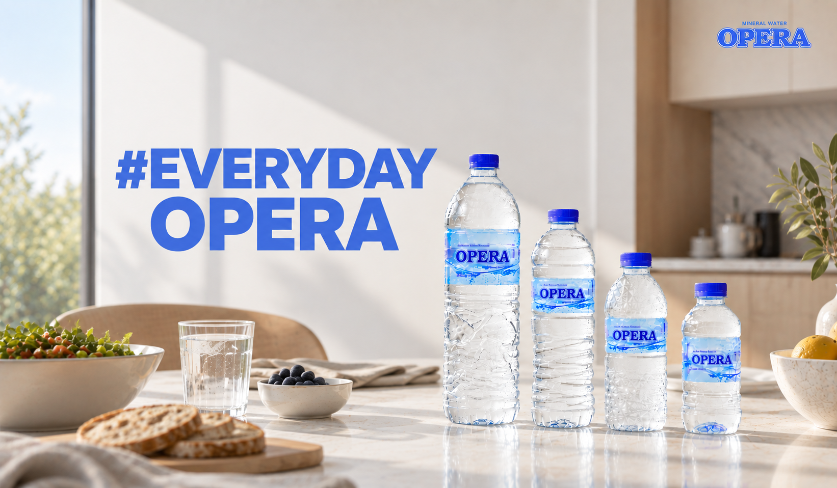 Opera #EVERYDAY OPERA lifestyle campaign with four bottles in a bright dining setting